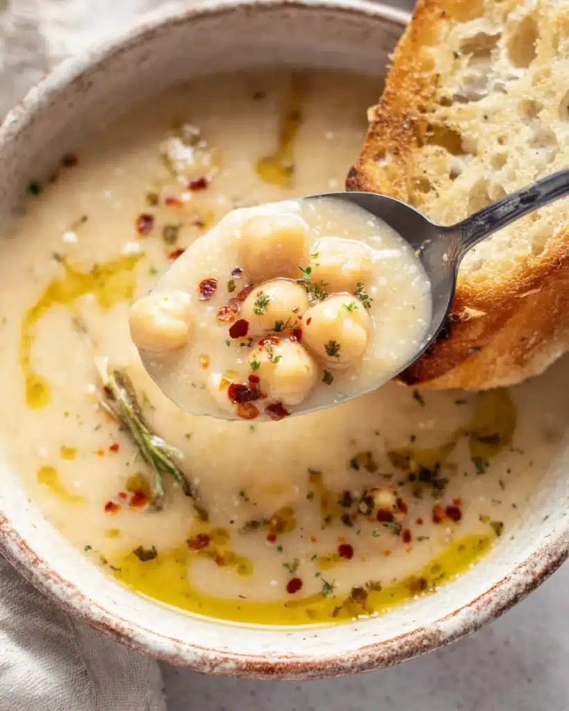 Vegan Garlic Chickpea Soup 3 Spoonful of creamy vegan garlic chickpea soup with olive oil and herbs