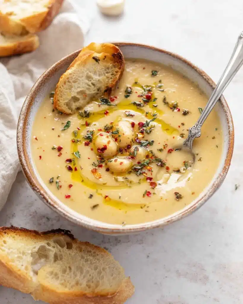 Vegan Garlic Chickpea Soup 1 Creamy vegan garlic chickpea soup with olive oil and herbs in a rustic bowl