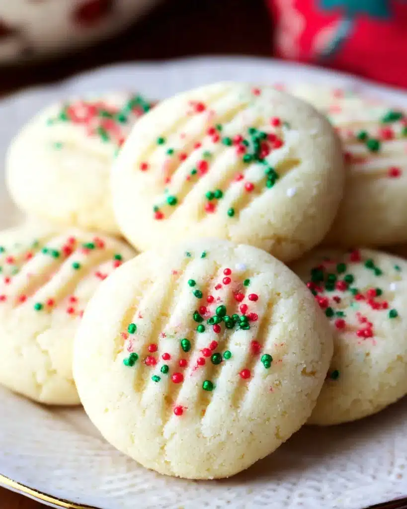 Whipped Shortbread Cookies (Melt-in-Your-Mouth Christmas Classic) 1 Whipped shortbread cookies with Christmas sprinkles on white plate