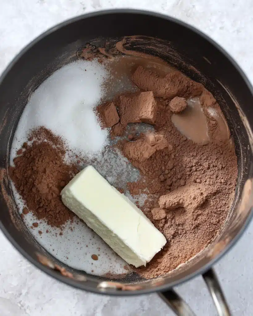 Butter, cocoa, sugar, and milk in saucepan for chocolate no bake cookies