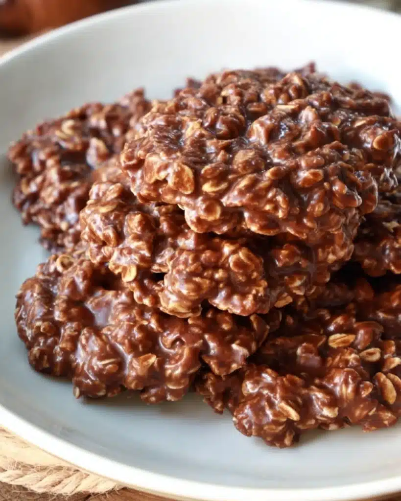 Chocolate no bake cookies on a white plate over rustic wooden surface