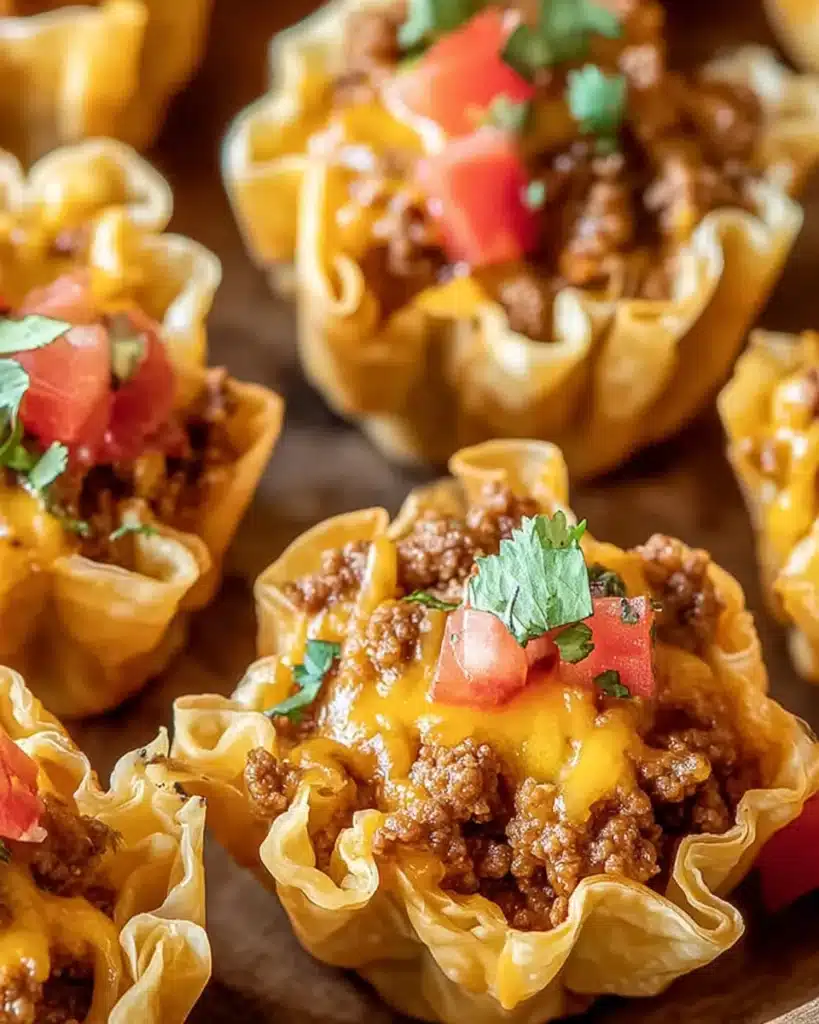 Close-up of cheesy taco ranch bites with beef and tomato filling