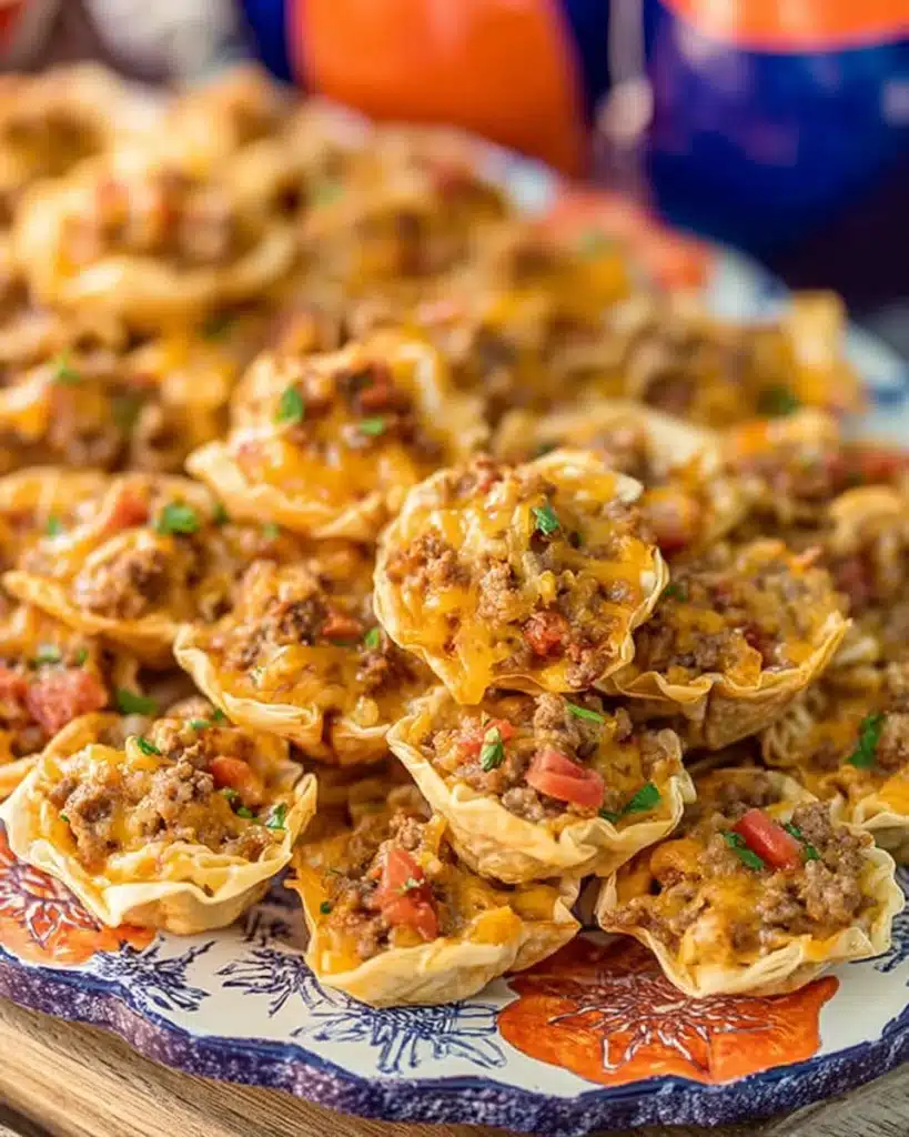 Taco ranch bites on platter with melted cheese and beef filling