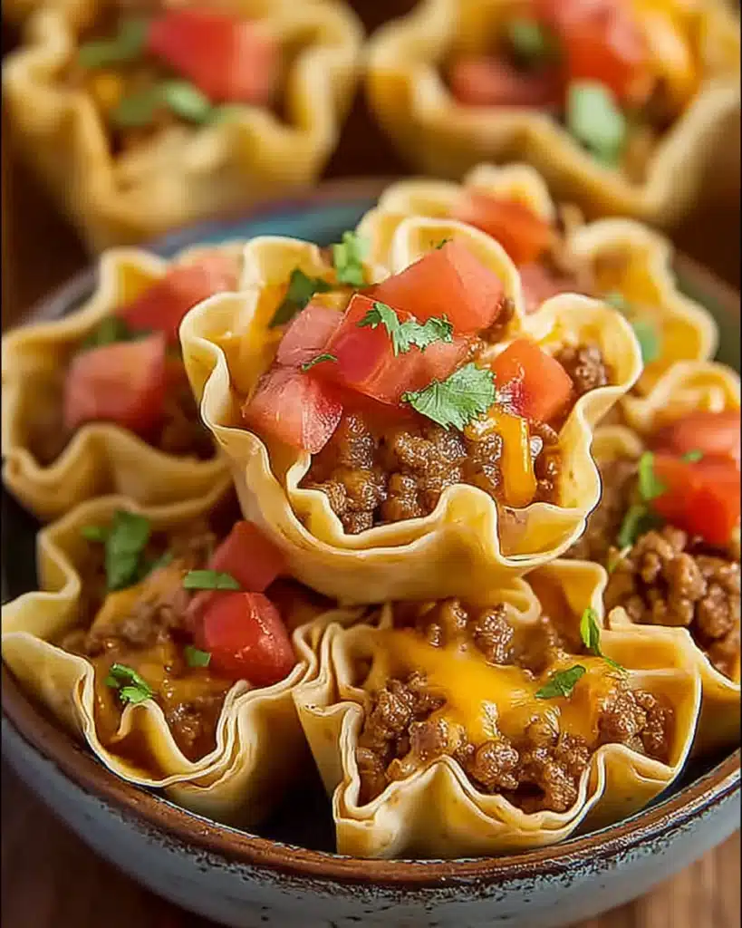 Crispy taco ranch bites filled with beef, melted cheese, and tomatoes
