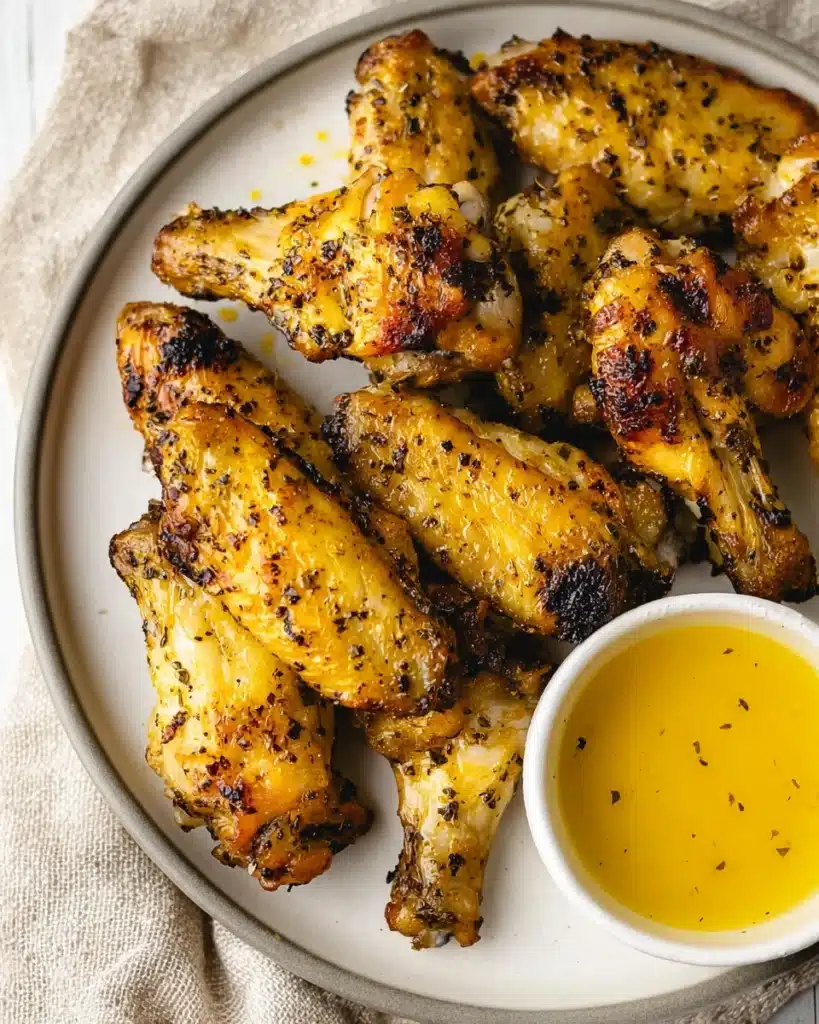 Crispy lemon pepper air fryer chicken wings with honey butter sauce on a plate