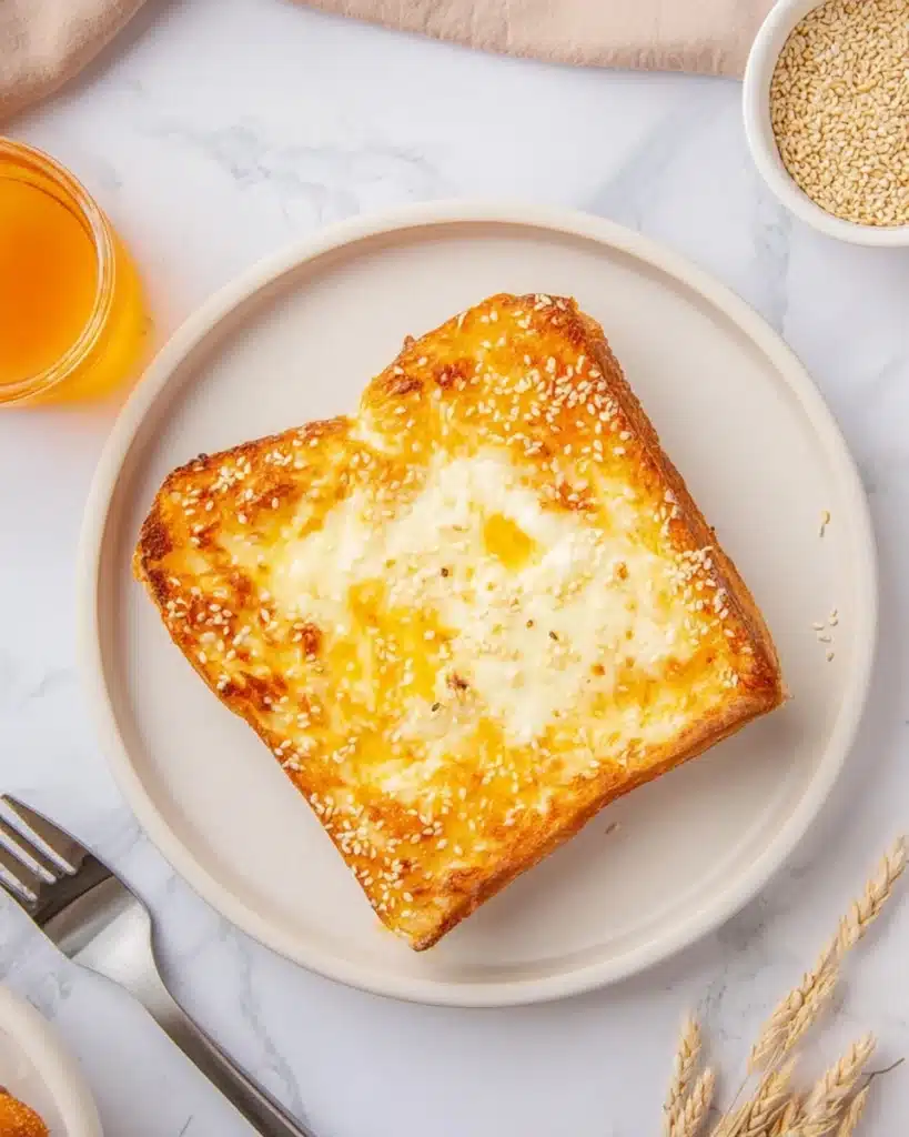 Golden air fryer egg and cheese toast topped with sesame seeds on a white plate