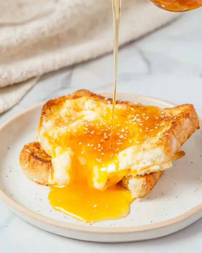 Air fryer egg and cheese toast with runny yolk and honey drizzle