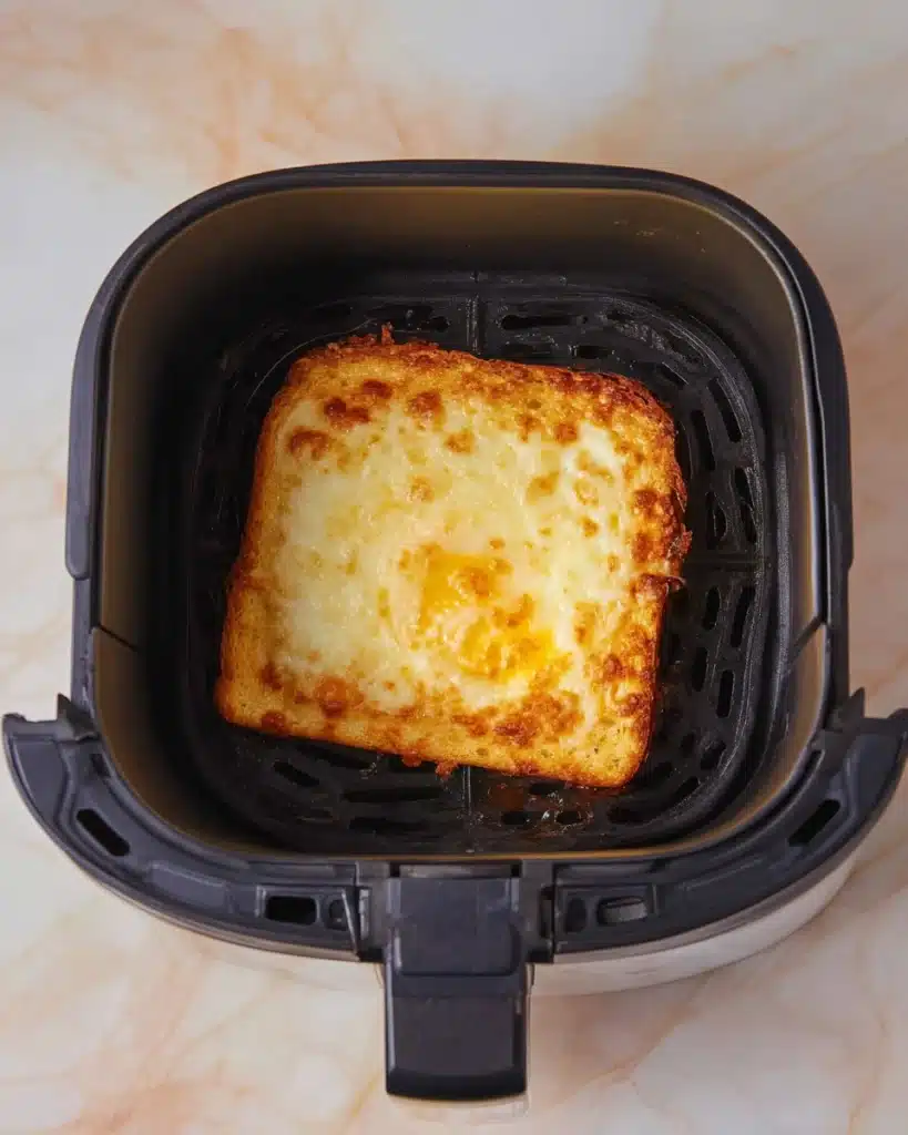Golden air fryer egg and cheese toast cooked in air fryer basket