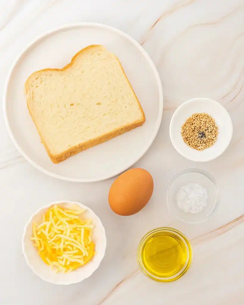 Air fryer egg and cheese toast ingredients arranged on marble surface