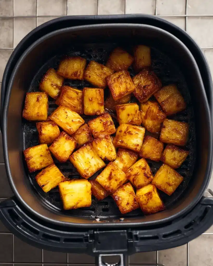 AIR FRYER PINEAPPLE (CARAMELIZED AND SWEET IN MINUTES) 3 Caramelized pineapple chunks cooking in air fryer basket