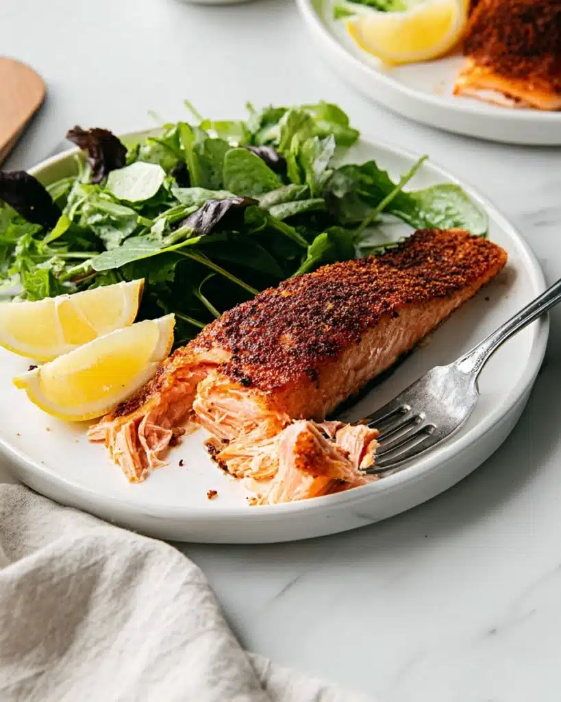 Air Fryer Salmon 1 Air fryer salmon with crispy crust and fresh green salad on a white plate