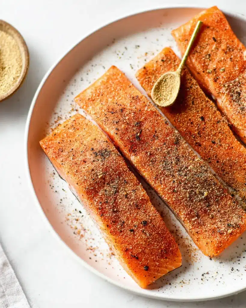 Air Fryer Salmon 2 Seasoning raw salmon fillets with paprika and garlic powder on a white plate