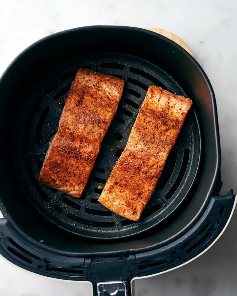 Air Fryer Salmon 3 Seasoned salmon fillets cooking in an air fryer basket