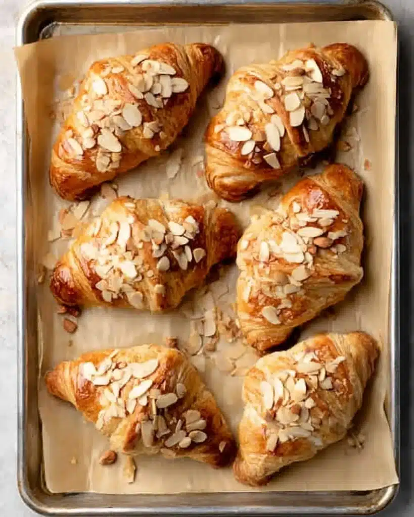 Freshly baked almond croissants with toasted almonds on parchment tray