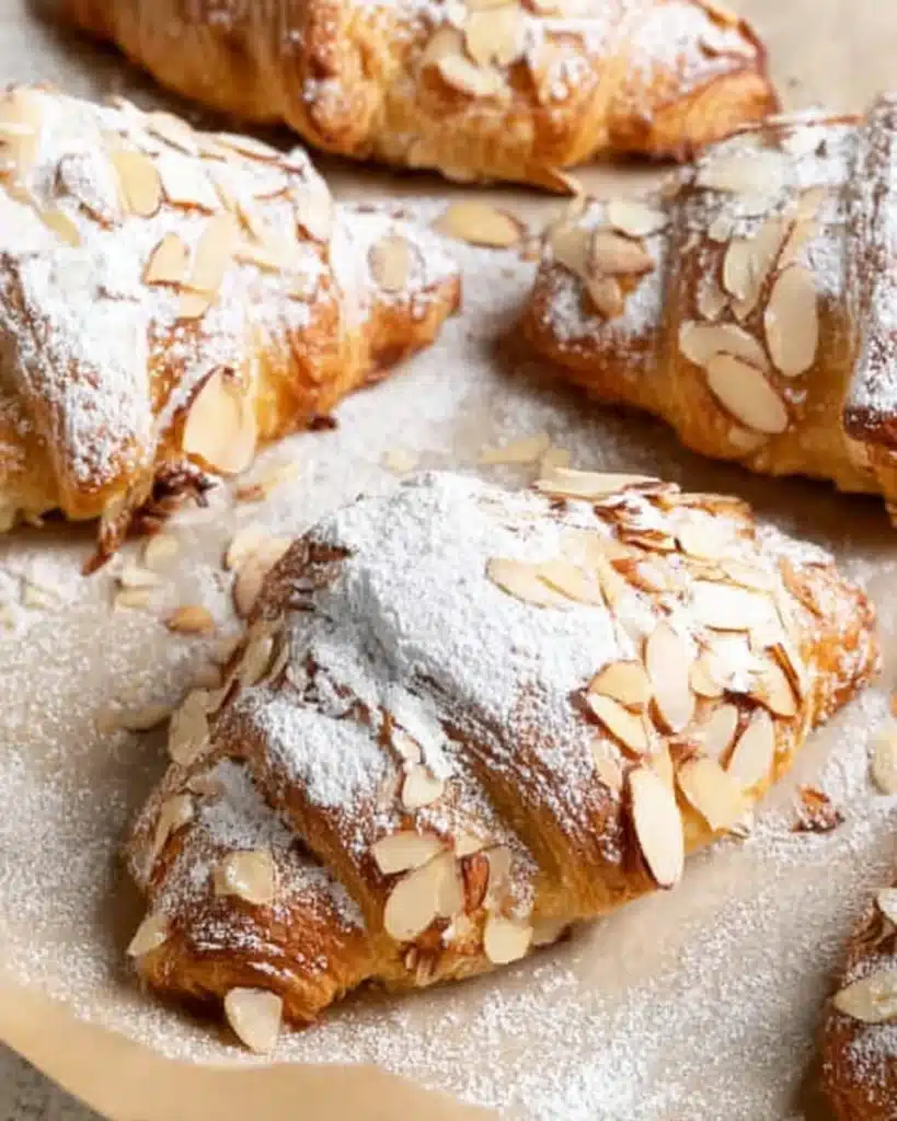 Golden almond croissants dusted with powdered sugar on parchment paper