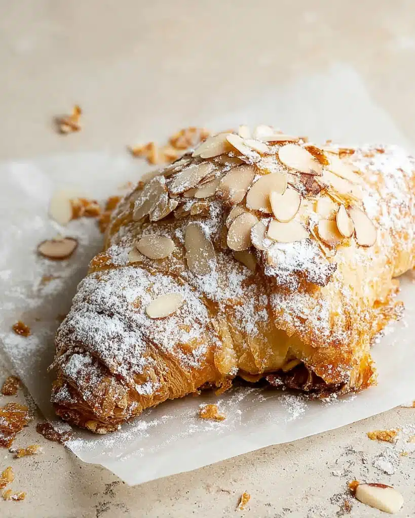 Golden almond croissant topped with almonds and powdered sugar