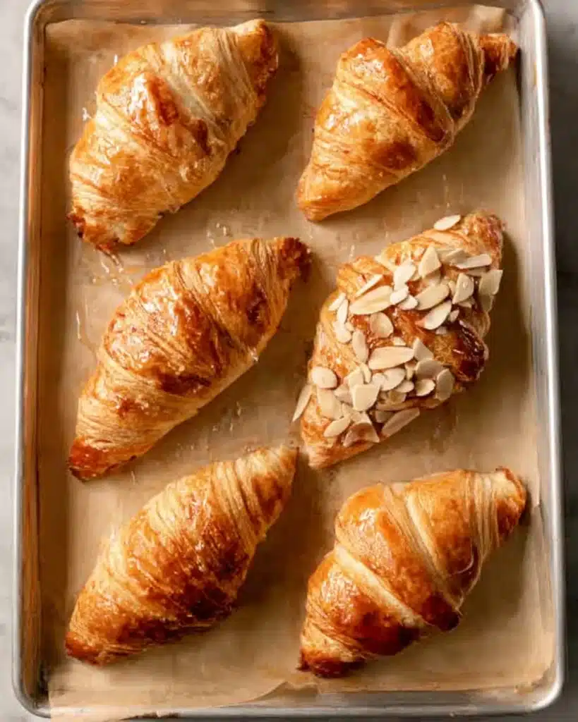 Unbaked almond croissants on parchment-lined baking tray