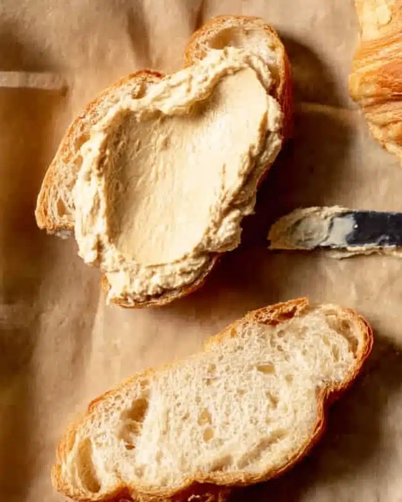 Spreading almond filling on croissant halves for almond croissants