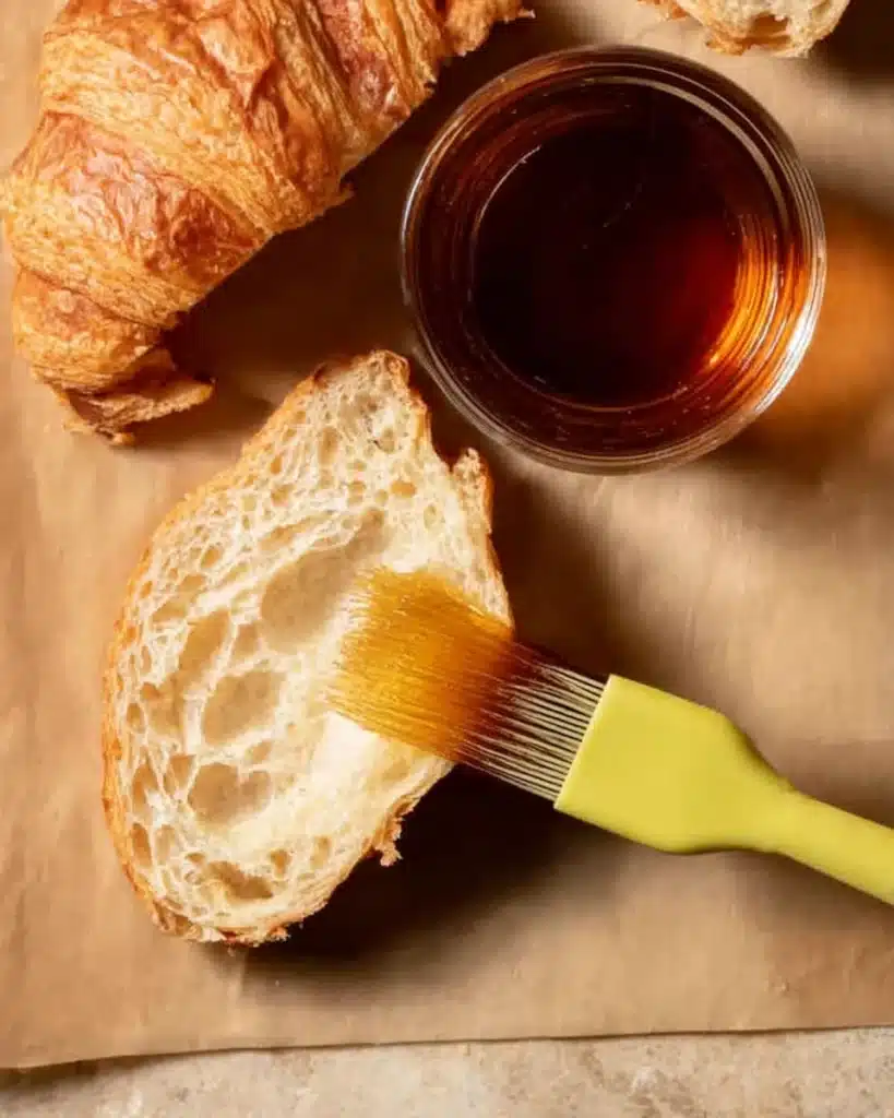 Brushing almond syrup on sliced croissants for almond croissant recipe