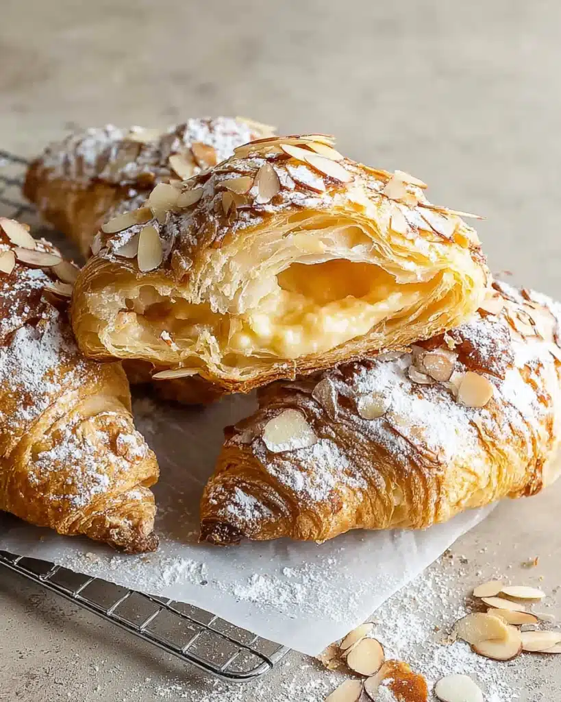 Fresh almond croissants with creamy filling and sliced almonds on a cooling rack