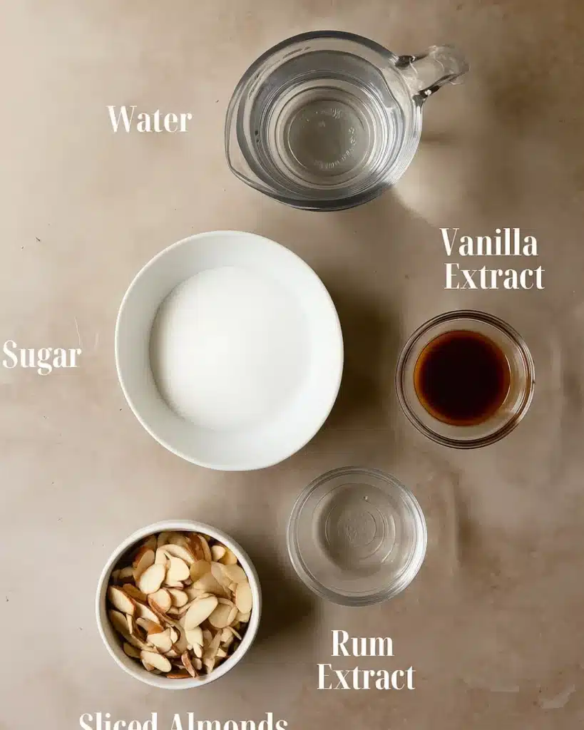 Ingredients for almond croissant syrup and topping on beige marble surface