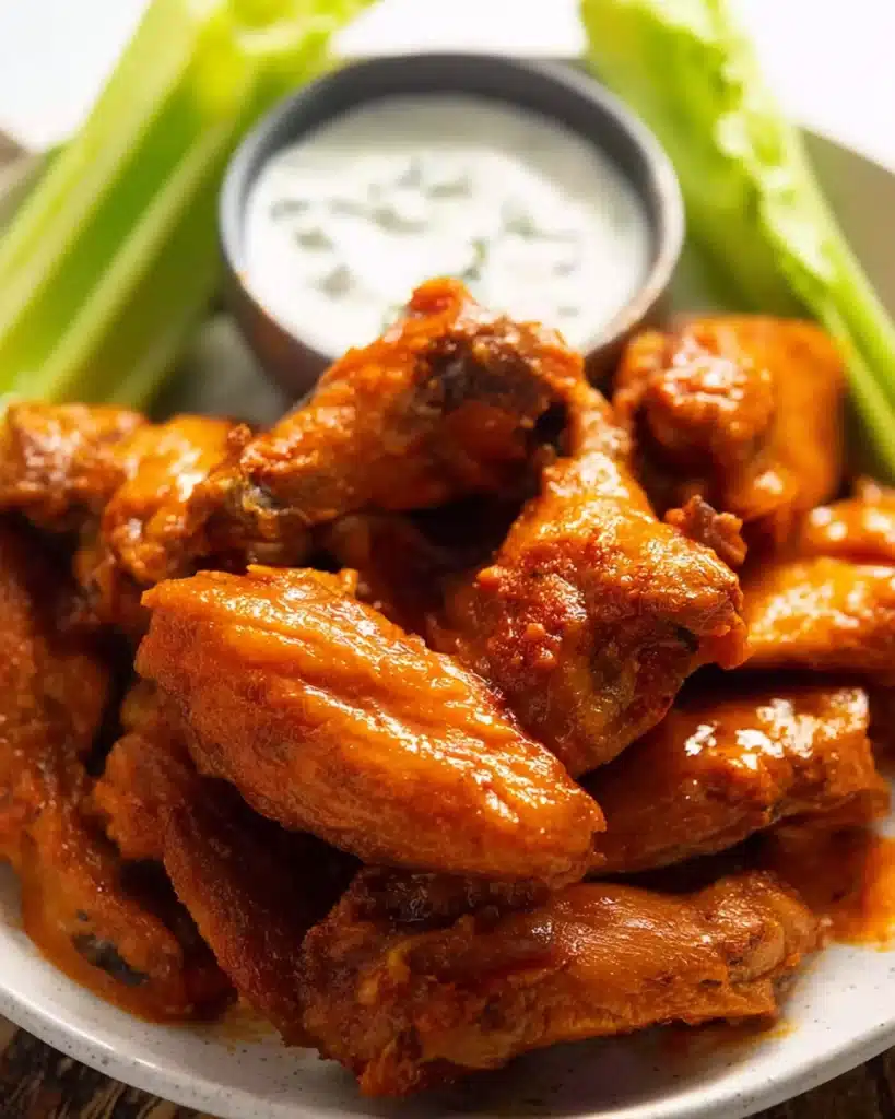 Baked Buffalo Wings (Ultra Crispy & Oven-Baked Perfection) 1 Crispy baked Buffalo wings with blue cheese dip and celery sticks