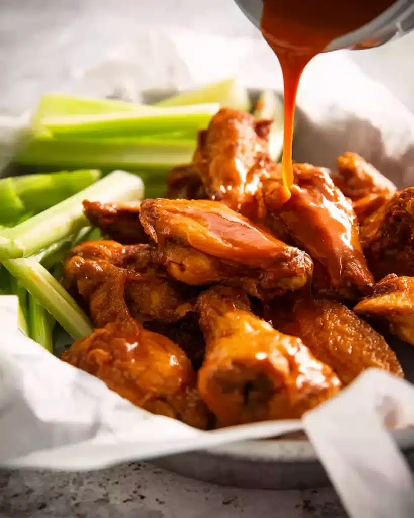 Baked Buffalo Wings (Ultra Crispy & Oven-Baked Perfection) 4 Crispy baked Buffalo wings coated in spicy sauce with blue cheese dip