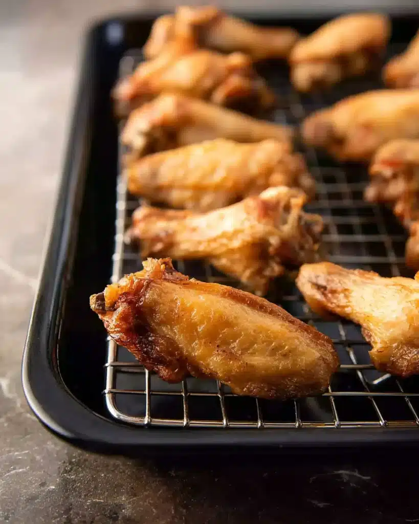 Baked Buffalo Wings (Ultra Crispy & Oven-Baked Perfection) 2 Golden baked chicken wings on rack before saucing