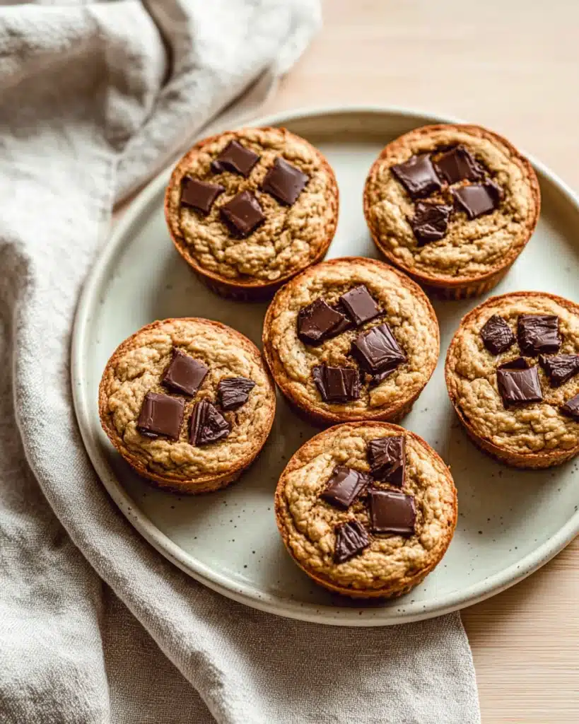 Banana Oat Muffins 1 Banana oat muffins with dark chocolate chunks on a plate