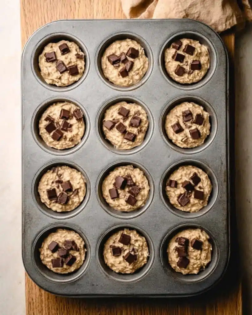 Banana Oat Muffins 4 Banana oat muffin batter in muffin pan with chocolate chunks