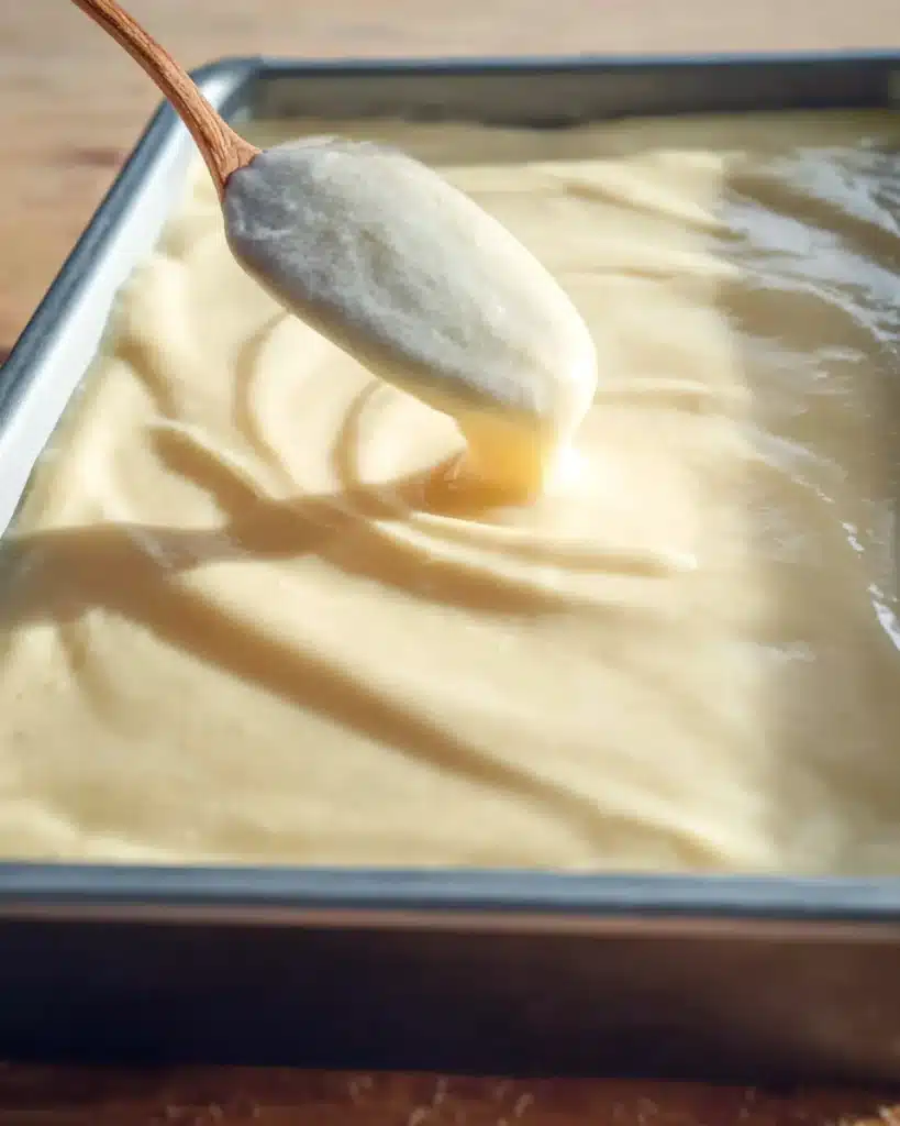 Banana Pudding Poke Cake 3 Smoothing banana pudding layer over poke cake with spoon