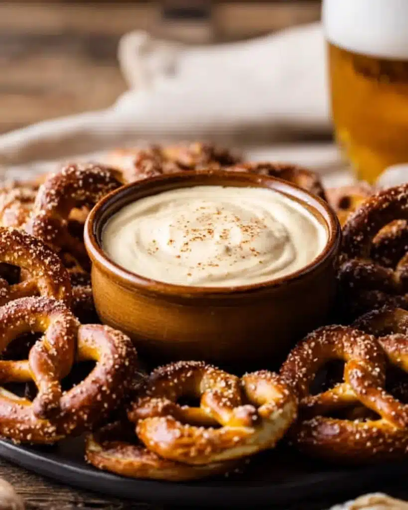 Beer Cheese Recipe – Creamy, Tangy, and Ready in 15 Minutes 4 Creamy beer cheese dip in a bowl surrounded by soft salted pretzels