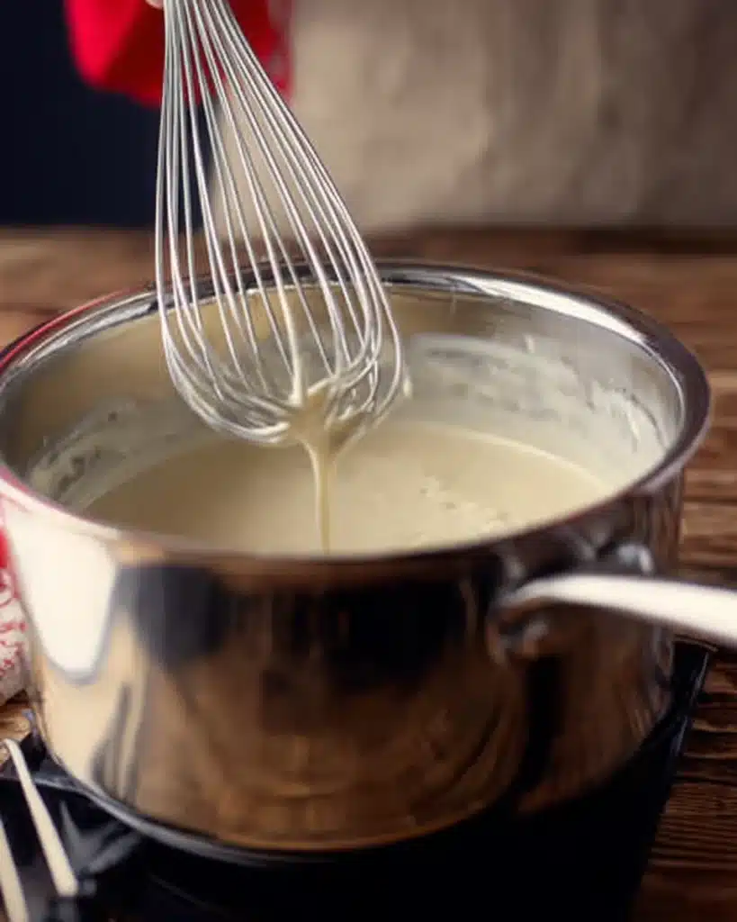Beer Cheese Recipe – Creamy, Tangy, and Ready in 15 Minutes 2 Whisking creamy beer cheese in a stainless steel pot on a stovetop