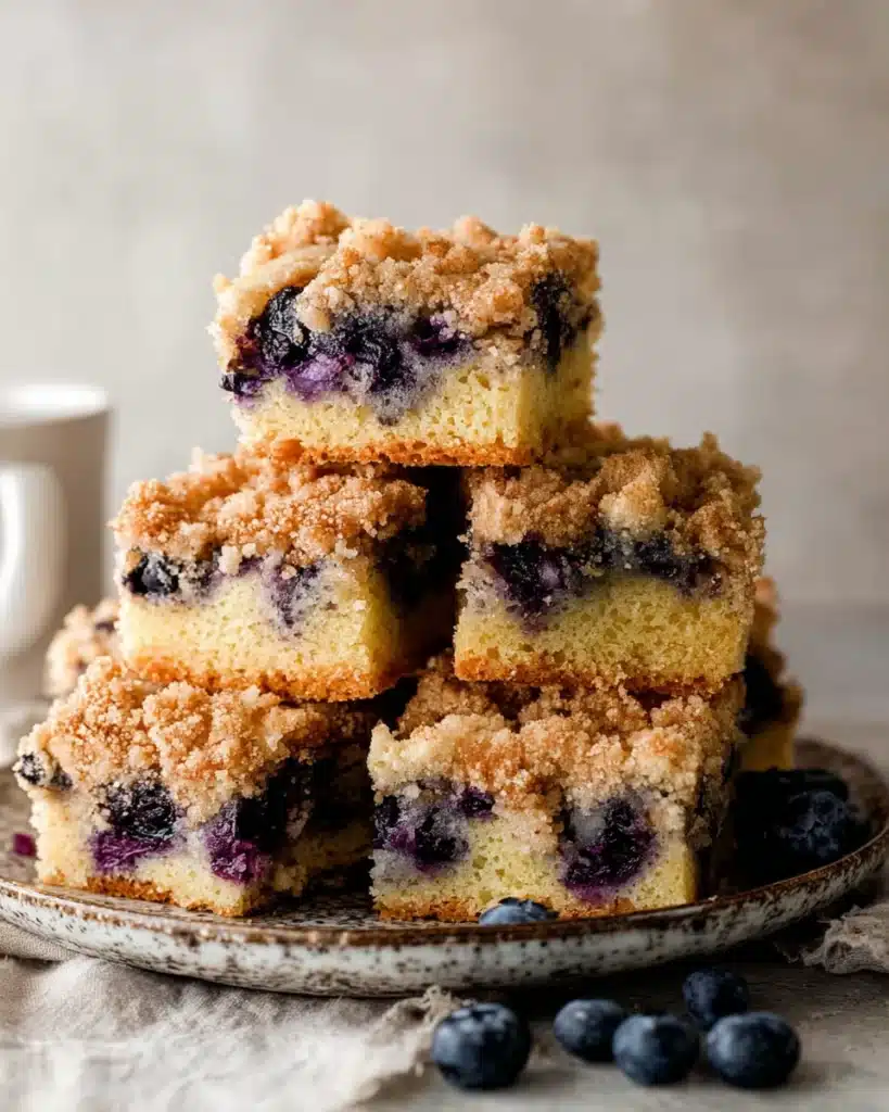 Moist blueberry coffee cake squares with crumb topping on a rustic plate