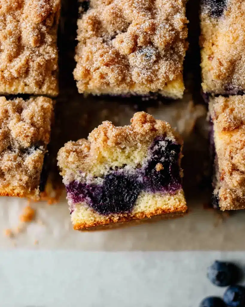 Close-up of blueberry coffee cake slice with crumb topping and juicy blueberries