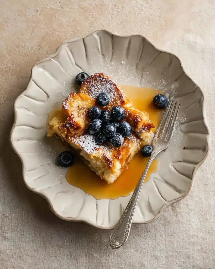 Brioche French Toast Casserole 4 Slice of brioche French toast casserole with blueberries and syrup on a plate