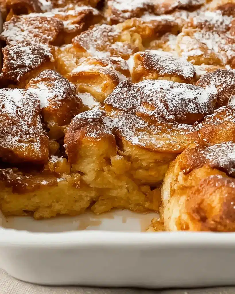 Brioche French Toast Casserole 3 Golden brioche French toast casserole dusted with powdered sugar in a white dish