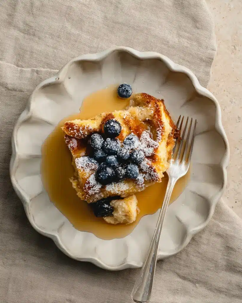 Brioche French Toast Casserole 1 Brioche French toast casserole slice with syrup and powdered sugar on a plate