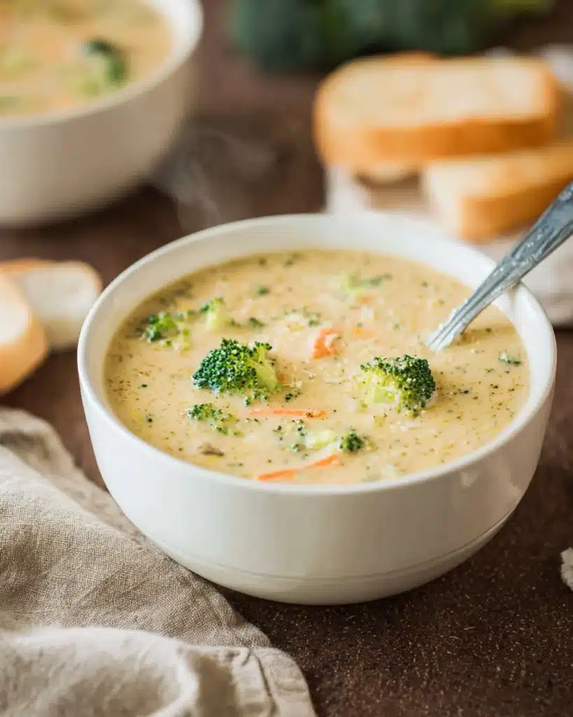 Creamy broccoli cheddar soup in a white bowl with broccoli florets and carrots