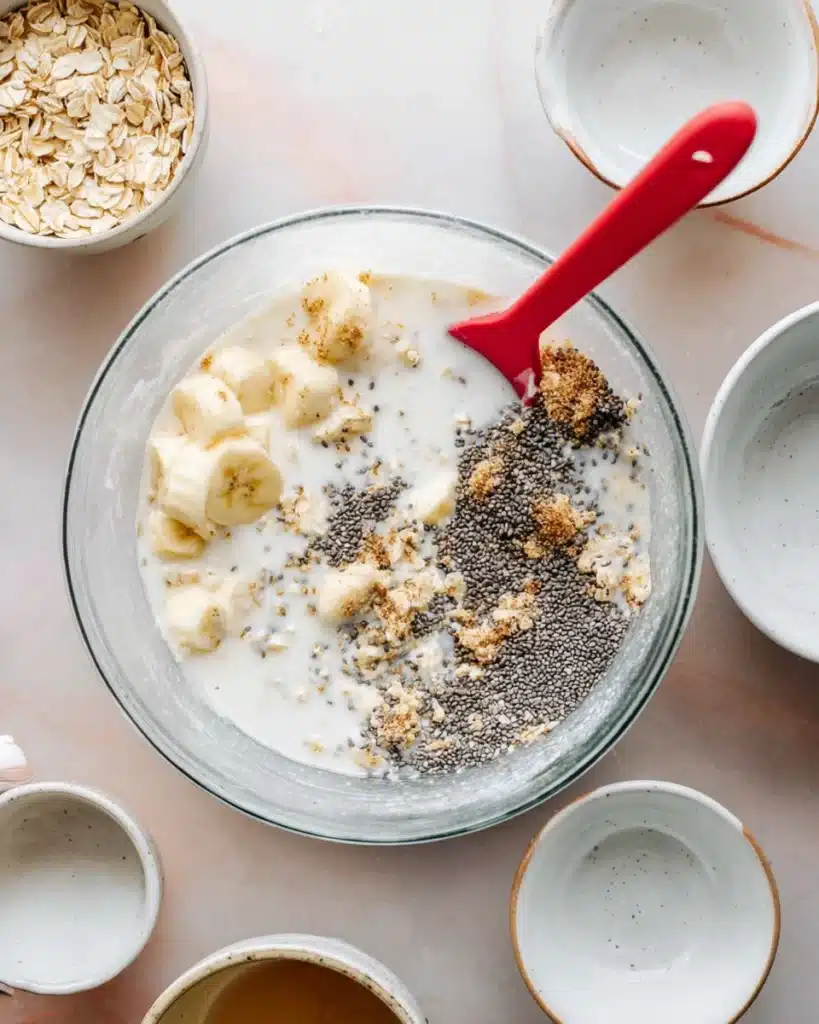 Brown Sugar Overnight Oats 3 Ingredients for brown sugar overnight oats with milk and bananas in a glass bowl before mixing