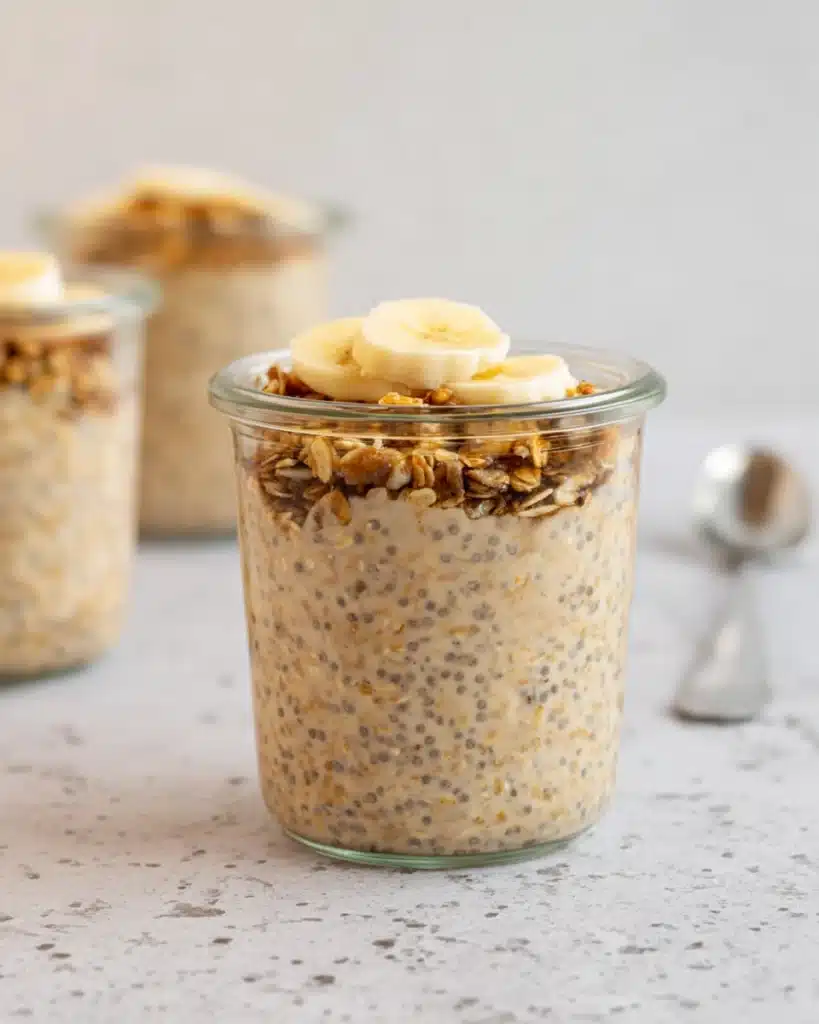 Brown Sugar Overnight Oats 5 Creamy brown sugar overnight oats in glass jar topped with banana slices and granola