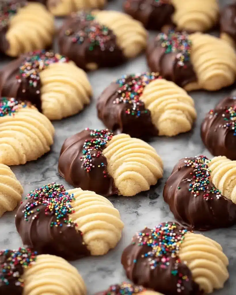 Butter cookies dipped in chocolate with colorful sprinkles arranged on a tray