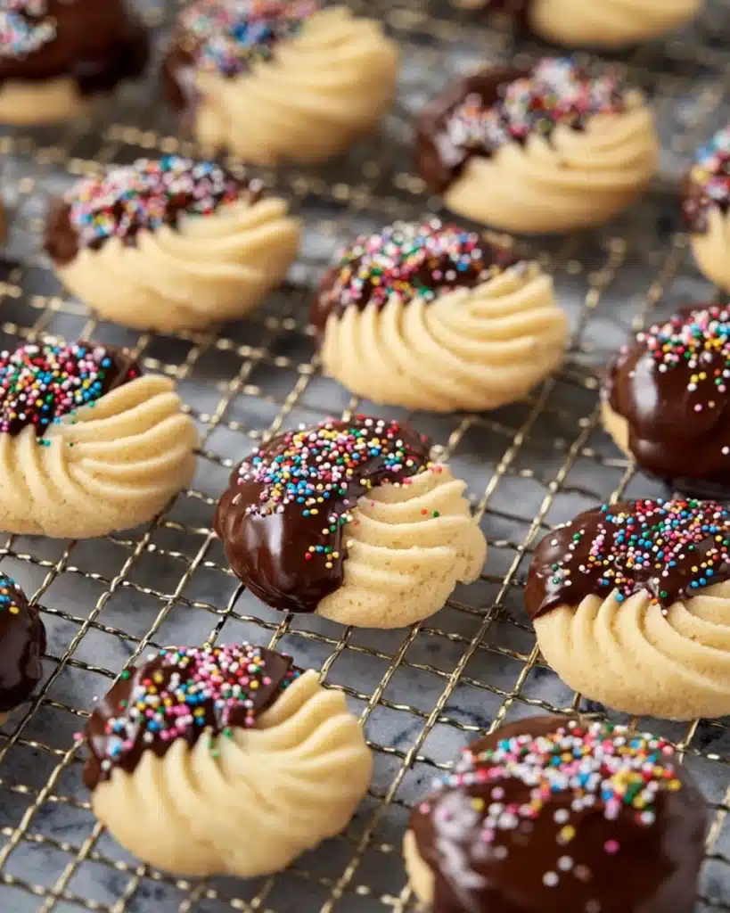 Chocolate dipped butter cookies with sprinkles cooling on a rack