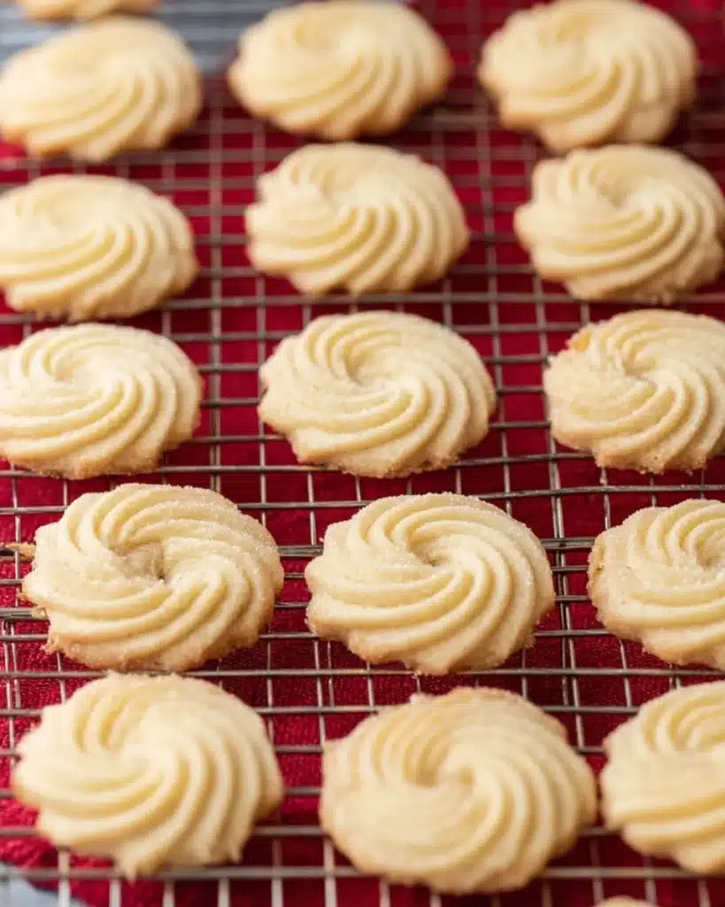Freshly baked butter cookies cooling on a metal rack