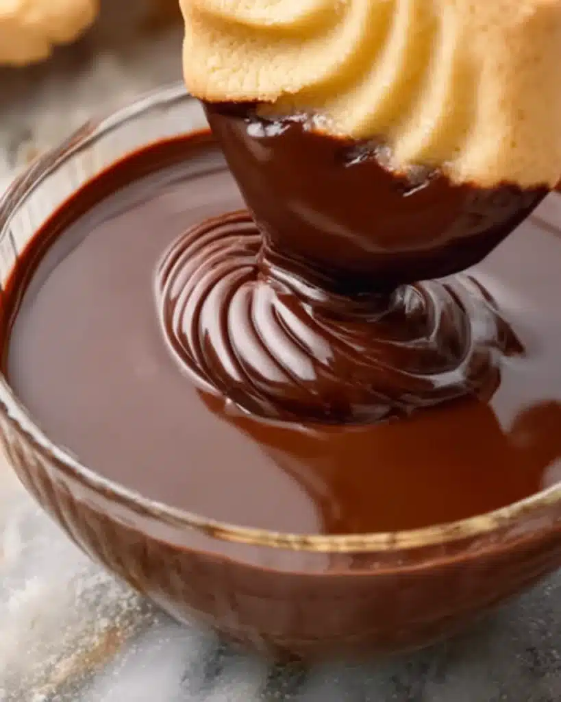 Butter cookie being dipped into melted chocolate in a glass bowl