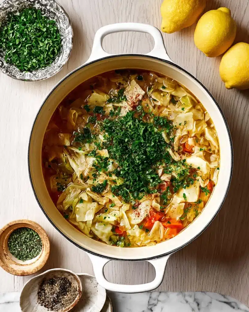 Easy Cabbage Soup Recipe (Hearty, Healthy & Ready in 30 Minutes) 4 Cabbage soup topped with parsley and black pepper in a white Dutch oven