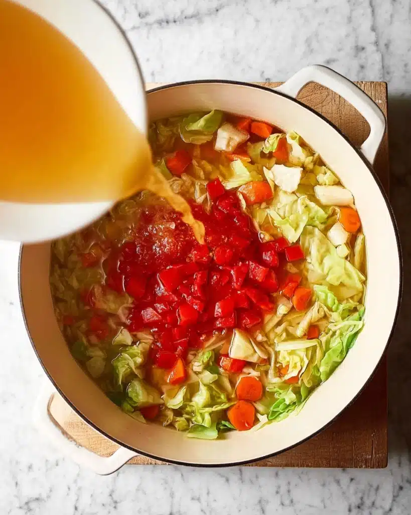 Easy Cabbage Soup Recipe (Hearty, Healthy & Ready in 30 Minutes) 3 Adding tomatoes and broth to cabbage soup in a white Dutch oven