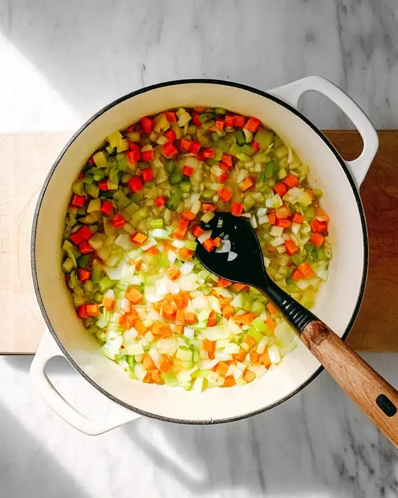 Easy Cabbage Soup Recipe (Hearty, Healthy & Ready in 30 Minutes) 2 Sautéing onions, carrots, and celery in a Dutch oven for cabbage soup