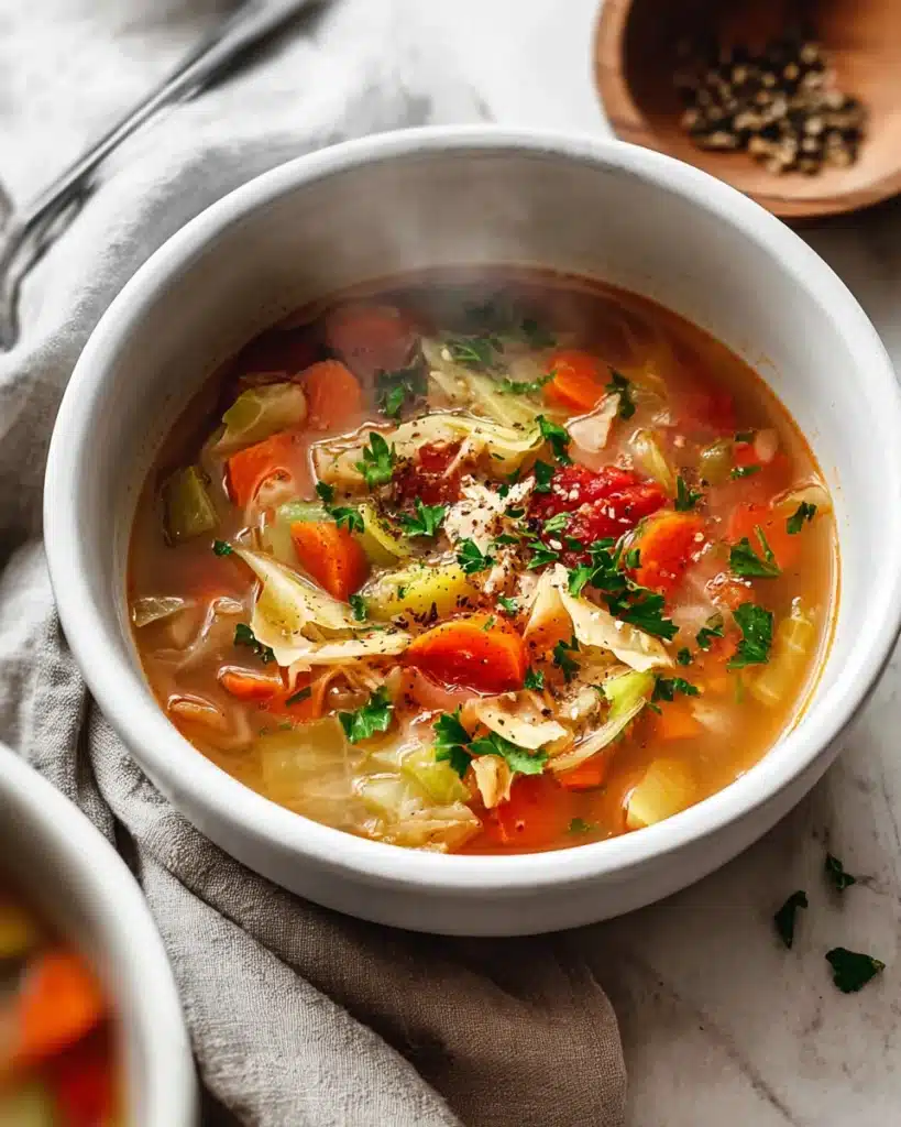 Easy Cabbage Soup Recipe (Hearty, Healthy & Ready in 30 Minutes) 1 Hearty cabbage soup with carrots, celery, and tomatoes in a white bowl