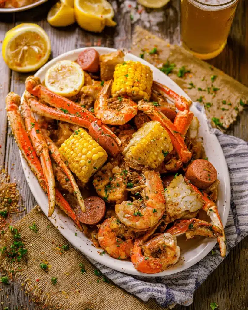 Cajun seafood boil with shrimp, crab legs, corn, and sausage in garlic butter sauce